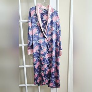 Vtg Kathryn Silky Satin Long Robe Floral Kaftan Cuddleskin Lingerie L XL